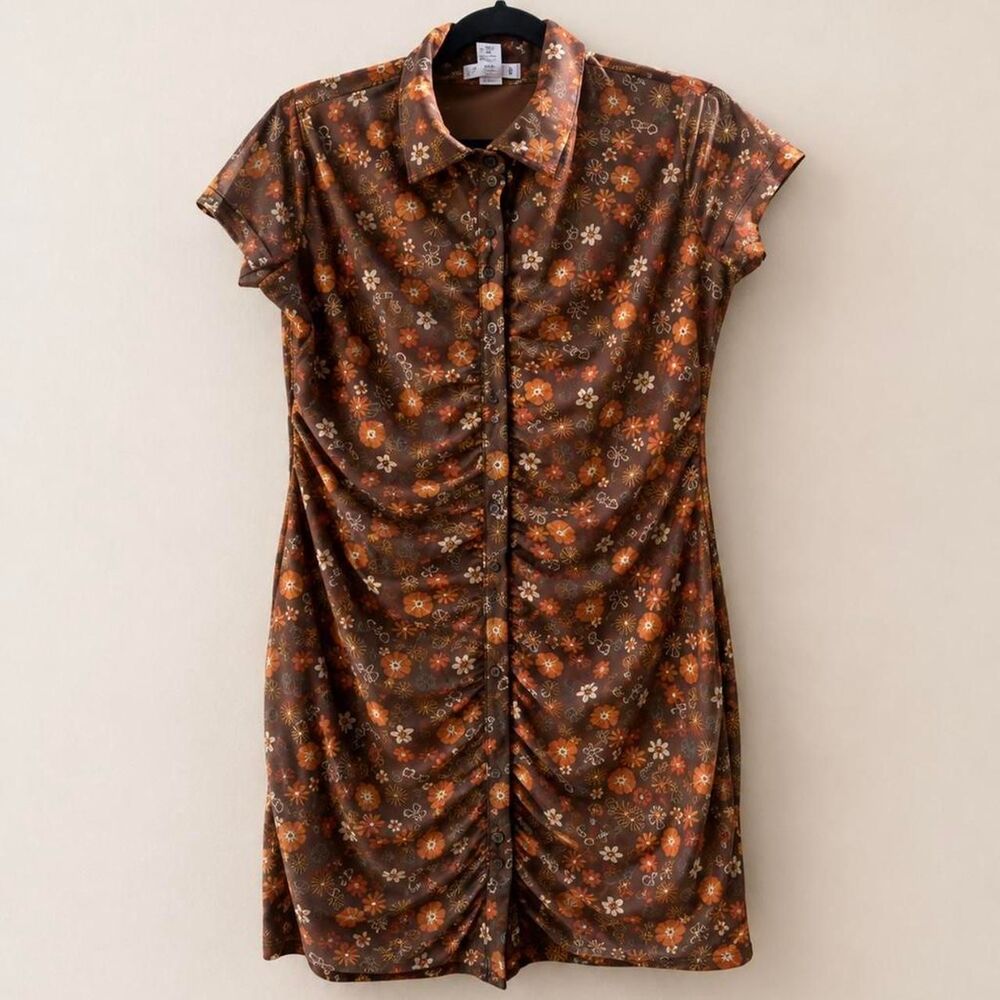 Brown Orange Floral Ruched Mesh Mini Shirt Dress L 70s Mod Groovy Boho Y2K Retro